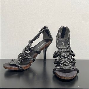 Nine West sandal stiletto black braided leather zipper  platform US7.5